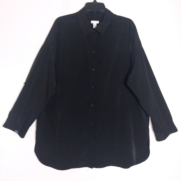 Chicos Soft Black Button Front Rolled Tab Long Sleeve Collared Shirt Size 3 EUC - Picture 5 of 11